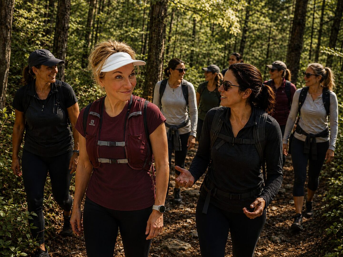 Women walking a forest trail together