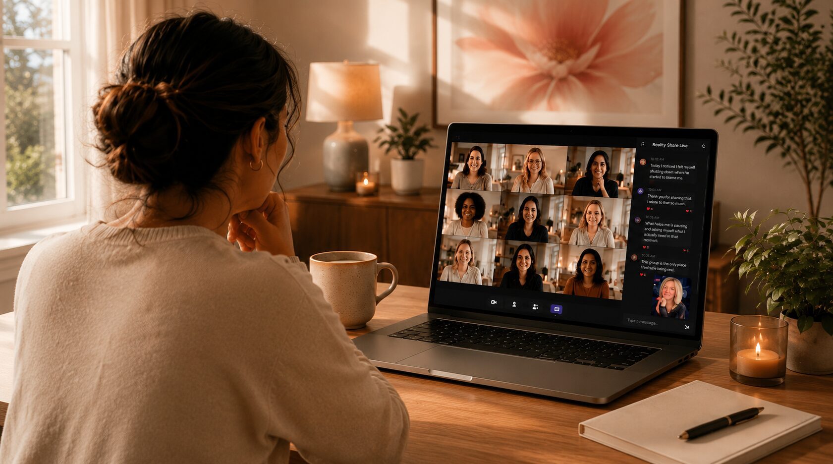 Telehealth psychotherapy session from a warm home space